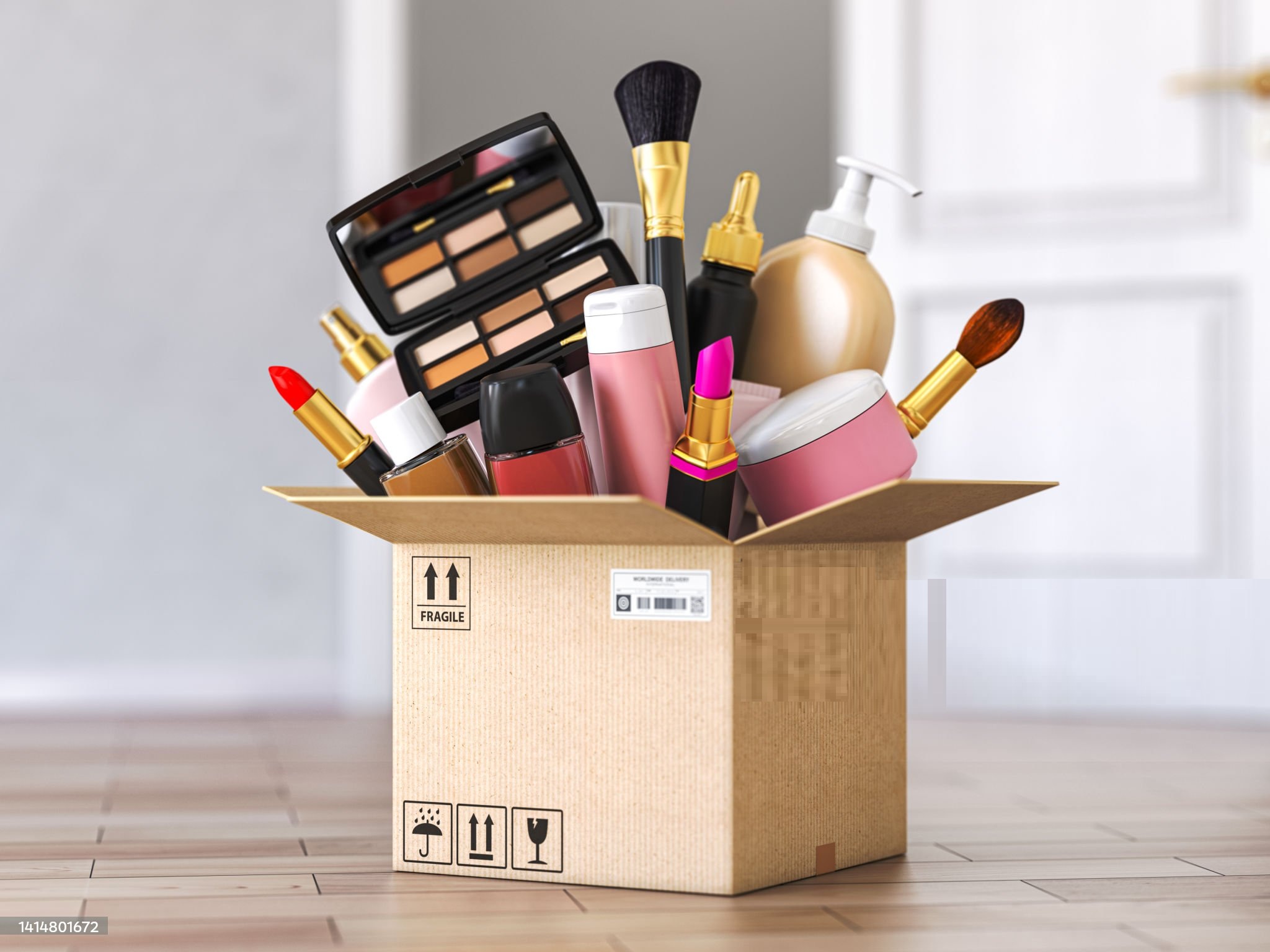 Cardboard box with cosmetics product in front od open door. Buying online and delivery cosmetics concept. 3d illustration